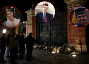 (L)Candles are lit by a framed photo of mass shooting victim Ella Cook at a makeshift memorial near Brown University in Providence, Rhode Island. (Photo by Bing Guan / AFP via Getty Images) / (Top) a photograph posted onto X portraits Nuno F.G. Loureiro, a physics professor at the Massachusetts Institute of Technology(MIT) who was shot at his home near Boston.(Photo: Yahoo News on X) / (R) Candles are lit by a framed photo of mass shooting victim Mukhammad Aziz Amurzokov at a makeshift memorial near Brown University in Providence, Rhode Island.(Photo by Bing Guan / AFP via Getty Images) / (Background) Brown University students and community members take a moment at a makeshift memorial for the victims of a mass shooting at the Van Winkle Gates outside Brown