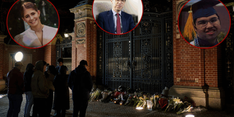 (L)Candles are lit by a framed photo of mass shooting victim Ella Cook at a makeshift memorial near Brown University in Providence, Rhode Island. (Photo by Bing Guan / AFP via Getty Images) / (Top) a photograph posted onto X portraits Nuno F.G. Loureiro, a physics professor at the Massachusetts Institute of Technology(MIT) who was shot at his home near Boston.(Photo: Yahoo News on X) / (R) Candles are lit by a framed photo of mass shooting victim Mukhammad Aziz Amurzokov at a makeshift memorial near Brown University in Providence, Rhode Island.(Photo by Bing Guan / AFP via Getty Images) / (Background) Brown University students and community members take a moment at a makeshift memorial for the victims of a mass shooting at the Van Winkle Gates outside Brown