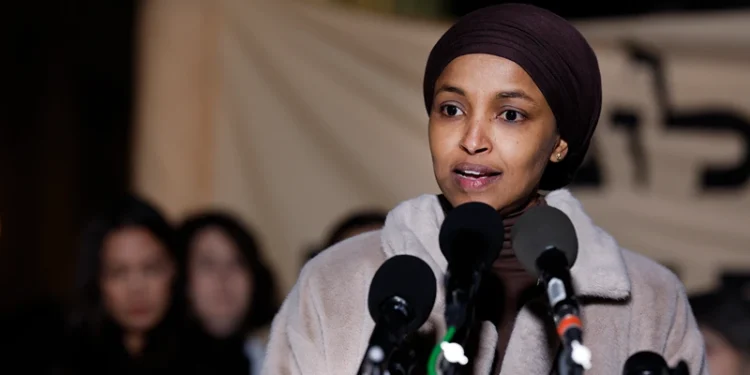 WASHINGTON, DC - NOVEMBER 13: U.S. Rep. Ilhan Omar (D-MN) speaks during a news conference calling for a ceasefire in Gaza outside the U.S. Capitol building on November 13, 2023 in Washington, DC. House Democrats held the news conference alongside rabbis with the activist group Jewish Voices for Peace. (Photo by Anna Moneymaker/Getty Images)