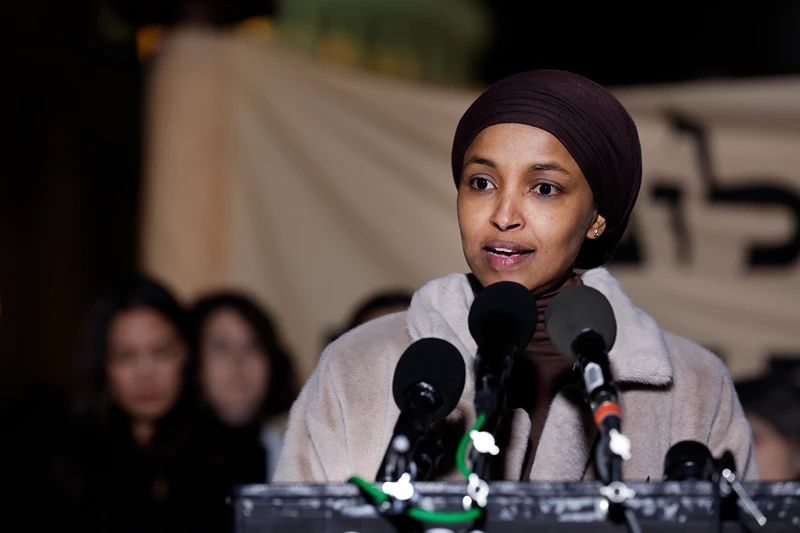 WASHINGTON, DC - NOVEMBER 13: U.S. Rep. Ilhan Omar (D-MN) speaks during a news conference calling for a ceasefire in Gaza outside the U.S. Capitol building on November 13, 2023 in Washington, DC. House Democrats held the news conference alongside rabbis with the activist group Jewish Voices for Peace. (Photo by Anna Moneymaker/Getty Images)