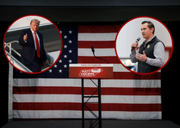 President Donald Trump gives a thumbs up as he arrives at Atlanta Hartsfield-Jackson International Airport on August 24, 2023 in Atlanta, Georgia. (Photo by Joe Raedle/Getty Images) / The podium is set onstage in front of an American flag before an election night event for Republican nominee Matt Van Epps at the Millennium Hotel Maxwell House Nashville on December 2, 2025 in Franklin, Tennessee. (Photo by Brett Carlsen/Getty Images)/ Republican congressional candidate Matt Van Epps speaks during a get out the vote event on December 1, 2025 in Franklin, TennesseePhoto by Brett Carlsen/Getty Images)