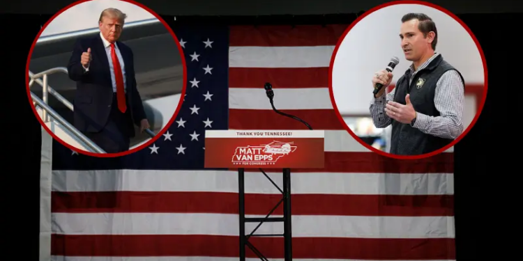President Donald Trump gives a thumbs up as he arrives at Atlanta Hartsfield-Jackson International Airport on August 24, 2023 in Atlanta, Georgia. (Photo by Joe Raedle/Getty Images) / The podium is set onstage in front of an American flag before an election night event for Republican nominee Matt Van Epps at the Millennium Hotel Maxwell House Nashville on December 2, 2025 in Franklin, Tennessee. (Photo by Brett Carlsen/Getty Images)/ Republican congressional candidate Matt Van Epps speaks during a get out the vote event on December 1, 2025 in Franklin, TennesseePhoto by Brett Carlsen/Getty Images)