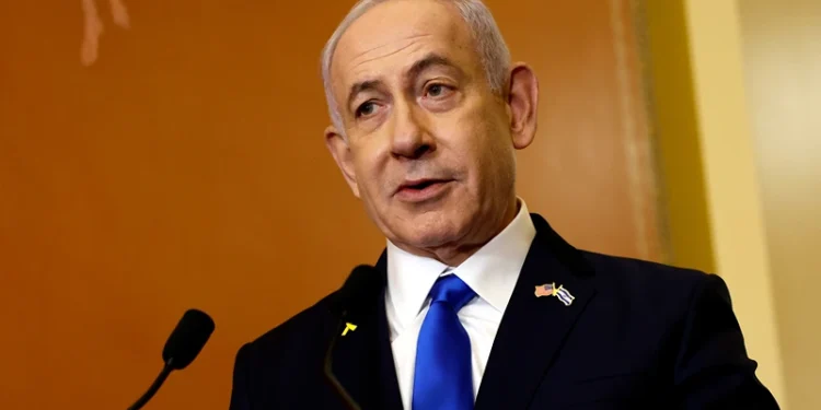 WASHINGTON, DC - JULY 24: Israeli Prime Minister Benjamin Netanyahu speaks to reporters alongside Speaker of the House Mike Johnson (R-LA) at the U.S. Capitol Building on July 24, 2024 in Washington, DC. Ahead of his remarks during a joint meeting of Congress, Netanyahu is meeting with Senate and House leadership. (Photo by Anna Moneymaker/Getty Images)