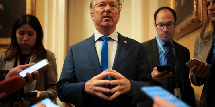 WASHINGTON, DC - APRIL 01: Sen. Rand Paul (R-KY) speaks to reporters before the weekly Republican Senate policy luncheon at the U.S. Capitol on April 01, 2025 in Washington, DC. Senators spoke about the White House