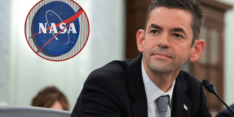 (L) The NASA logo is displayed at NASA’s Jet Propulsion Laboratory on October 15, 2025 in La Cañada Flintridge, California. Around 550 people, or over ten percent of the famed lab’s workforce, are being laid off as part of an ongoing reorganization following two rounds of large layoffs last year. Layoffs at the laboratory, which is funded by NASA and managed by CalTech, are not related to the federal government shutdown. (Photo by Mario Tama/Getty Images) / (Background) WASHINGTON, DC - DECEMBER 03: Jared Isaacman, U.S. President Donald Trump