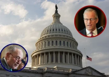 (Background) The U.S. Capitol is seen on the 40th day of a government shutdown on November 9, 2025 in Washington, DC. (Anna Rose Layden/Getty Images) / (L) Senate Minority Leader Chuck Schumer (D-NY) speaks during a press conference (Win McNamee/Getty Images) / (R) U.S. Senate Majority Leader John Thune (R-SD) speaks to reporters (Kayla Bartkowski/Getty Images)