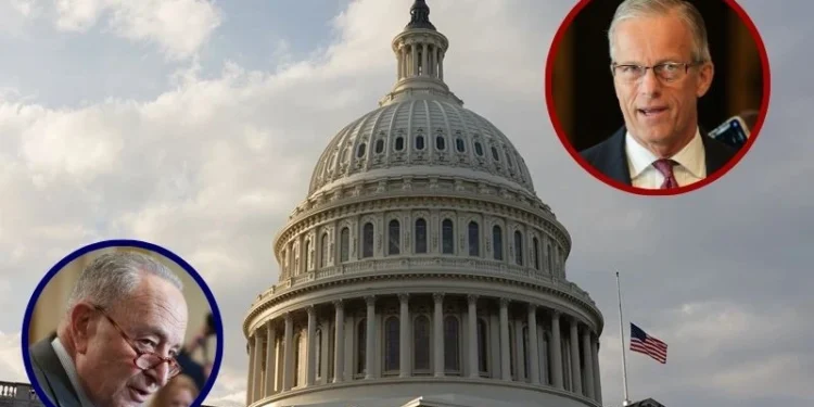 (Background) The U.S. Capitol is seen on the 40th day of a government shutdown on November 9, 2025 in Washington, DC. (Anna Rose Layden/Getty Images) / (L) Senate Minority Leader Chuck Schumer (D-NY) speaks during a press conference (Win McNamee/Getty Images) / (R) U.S. Senate Majority Leader John Thune (R-SD) speaks to reporters (Kayla Bartkowski/Getty Images)