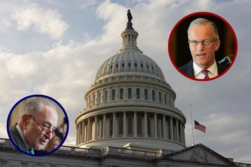 (Background) The U.S. Capitol is seen on the 40th day of a government shutdown on November 9, 2025 in Washington, DC. (Anna Rose Layden/Getty Images) / (L) Senate Minority Leader Chuck Schumer (D-NY) speaks during a press conference (Win McNamee/Getty Images) / (R) U.S. Senate Majority Leader John Thune (R-SD) speaks to reporters (Kayla Bartkowski/Getty Images)
