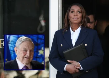 (Background) New York Attorney General Letitia James leaves the Walter E. Hoffman United States Courthouse following an arraignment hearing on October 24, 2025 in Norfolk, Virginia. (Photo by Win McNamee/Getty Images) / (L) George Soros, Founder and Chairman of the Open Society Foundations (OLIVIER HOSLET/POOL/AFP via Getty Images)