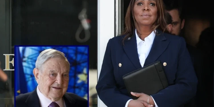 (Background) New York Attorney General Letitia James leaves the Walter E. Hoffman United States Courthouse following an arraignment hearing on October 24, 2025 in Norfolk, Virginia. (Photo by Win McNamee/Getty Images) / (L) George Soros, Founder and Chairman of the Open Society Foundations (OLIVIER HOSLET/POOL/AFP via Getty Images)