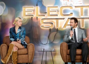 Millie Bobby Brown and Chris Pratt attend the press conference of "The Electric State" at Four Seasons Hotel on Feb. 27, 2025, in Madrid, Spain.
