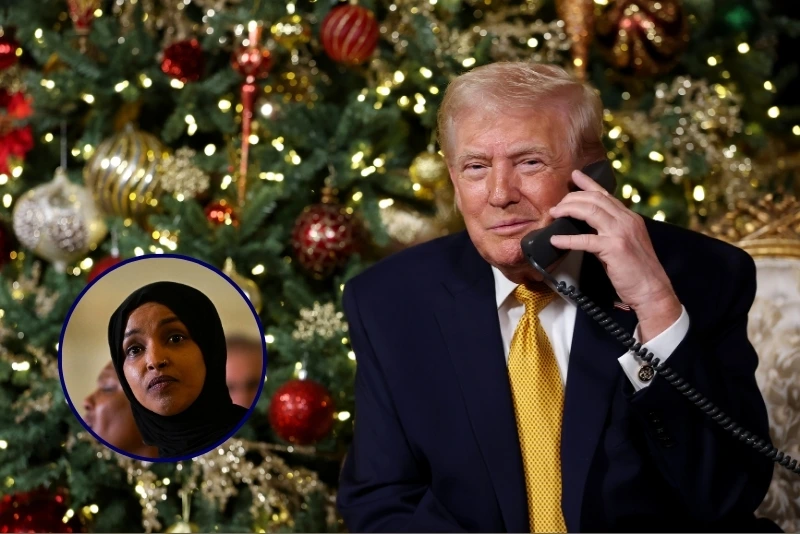 (Background) U.S. President Donald Trump calls children as he participates in tracking Santa Claus' movements with the North American Aerospace Defense Command (NORAD) Santa Tracker on Christmas Eve (Tasos Katopodis/Getty Images) / (L) U.S. Rep. Ilhan Omar (D-MN) speaks during a press conference (Stephen Maturen/Getty Images)
