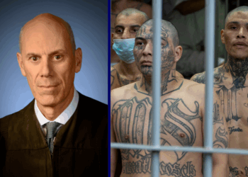James E. “Jeb” Boasberg. (Photo via: dcd.uscourts.gov) / (R) TOPSHOT - Prisoners with MS-13 gang tattoos look out of their cell as unseen US Secretary of Homeland Security Kristi Noem tours the Terrorist Confinement Center (CECOT) as prisoners stand, looking out from a cell, in Tecoluca, El Salvador, on March 26, 2025. (Photo by Alex Brandon / POOL / AFP) (Photo by ALEX BRANDON/POOL/AFP via Getty Images)