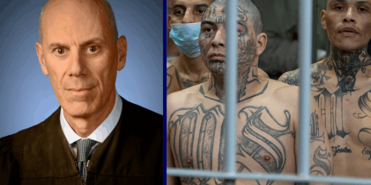 James E. “Jeb” Boasberg. (Photo via: dcd.uscourts.gov) / (R) TOPSHOT - Prisoners with MS-13 gang tattoos look out of their cell as unseen US Secretary of Homeland Security Kristi Noem tours the Terrorist Confinement Center (CECOT) as prisoners stand, looking out from a cell, in Tecoluca, El Salvador, on March 26, 2025. (Photo by Alex Brandon / POOL / AFP) (Photo by ALEX BRANDON/POOL/AFP via Getty Images)