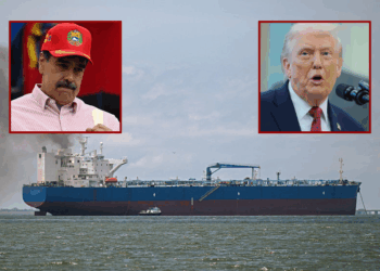 (Background) A crude oil tanker waits its turn to be loaded with crude oil at Lake Maracaibo in Maracaibo, Zulia State, Venezuela on May 9, 2025. A line of ships waited their turn to load oil on Lake Maracaibo on May 9 ,2025, two weeks before the US oil company Chevron shuts down operations in Venezuela due to US sanctions. (Photo by Federico PARRA / AFP) (Photo by FEDERICO PARRA/AFP via Getty Images) / (L) Venezuela