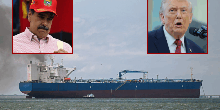 (Background) A crude oil tanker waits its turn to be loaded with crude oil at Lake Maracaibo in Maracaibo, Zulia State, Venezuela on May 9, 2025. A line of ships waited their turn to load oil on Lake Maracaibo on May 9 ,2025, two weeks before the US oil company Chevron shuts down operations in Venezuela due to US sanctions. (Photo by Federico PARRA / AFP) (Photo by FEDERICO PARRA/AFP via Getty Images) / (L) Venezuela