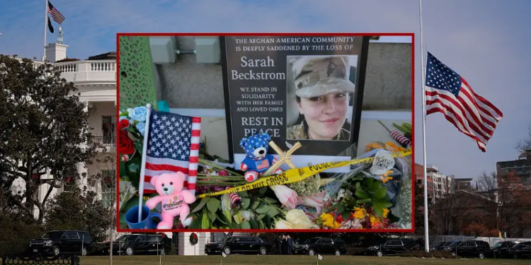 (Background) The flag on the south lawn of the White House flies at half staff in honor of Sarah Beckstrom of the West Virginia National Guard, who was shot and killed last week near the White House, on December 04, 2025 in Washington, DC. Beckstrom was shot alongside fellow guardsman Andrew Wolfe, who remains hospitalized. Rahmanullah Lakanwal, a 29-year-old Afghan immigrant has been arrested for the shooting. (Photo by Chip Somodevilla/Getty Images) / (C) A makeshift memorial stands outside the Farragut West Metro station on December 01, 2025 in Washington, DC. Sarah Beckstrom, one of the two West Virginia National Guard troops who were shot blocks from the White House on November 26, died on Thursday, November 27, following what authorities called a targeted attack. (Photo by Heather Diehl/Getty Images)