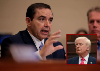 (Background) House Appropriations Committee member Rep. Henry Cuellar (D-TX) questions Homeland Security Secretary Kristi Noem during a hearing in the Rayburn House Office Building on Capitol Hill on May 06, 2025 in Washington, DC. Tasked with the Trump Administration