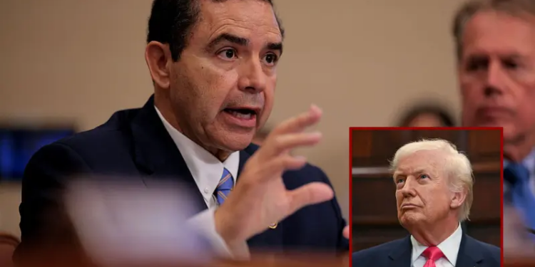 (Background) House Appropriations Committee member Rep. Henry Cuellar (D-TX) questions Homeland Security Secretary Kristi Noem during a hearing in the Rayburn House Office Building on Capitol Hill on May 06, 2025 in Washington, DC. Tasked with the Trump Administration