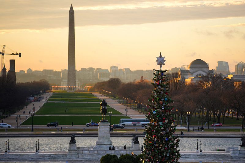 WASHINGTON, DC - DECEMBER 02: The U.S. Capitol Christmas Tree stands ahead of the Washington Monument prior to the Christmas Tree lighting ceremony at the West Front of the U.S. Capitol on December 02, 2025 in Washington, DC. This year’s tree, a 53-foot red fir from the Humboldt-Toiyabe National Forest, marks the first U.S. Capitol Christmas Tree from the state of Nevada. (Photo by Andrew Harnik/Getty Images)