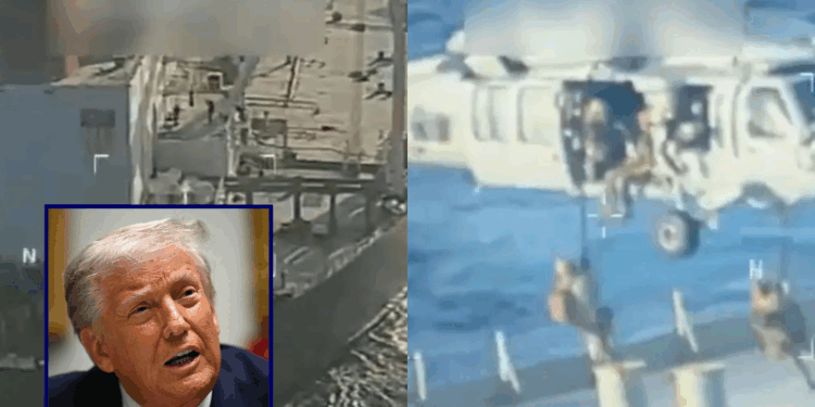 (L) The Skipper oil tanker is seen off the coast of Venezuela on December 10, 2025. (Pam Bondi; X) / (R) U.S. troops are seen boarding The Skipper tanker from a helicopter. (Pam Bondi; X) / (L-Bottom) US President Donald Trump speaks during a roundtable discussion in the Roosevelt Room of the White House in Washington, DC, on December 10, 2025. (Photo by ANDREW CABALLERO-REYNOLDS / AFP via Getty Images)