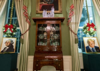 The new White House Christmas decorations include LEGO portraits of President George Washington and President Donald Trump.