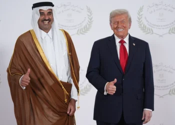 SHARM EL-SHEIKH, EGYPT - OCTOBER 13: President Donald Trump poses with Qatar Prime Minister and Foreign Minister Sheikh Mohammed bin Abdulrahman bin Jassim Al Thani during a world leaders