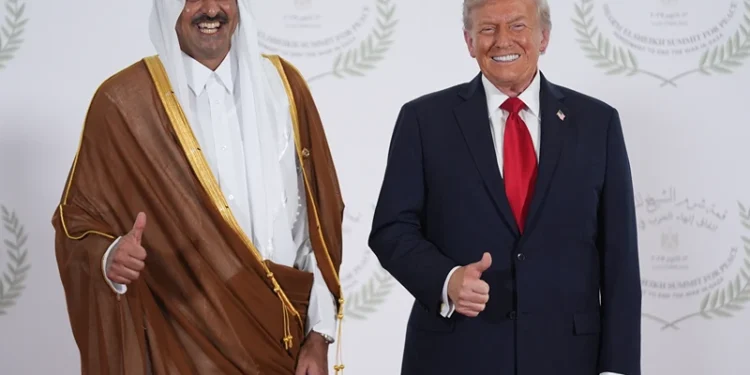 SHARM EL-SHEIKH, EGYPT - OCTOBER 13: President Donald Trump poses with Qatar Prime Minister and Foreign Minister Sheikh Mohammed bin Abdulrahman bin Jassim Al Thani during a world leaders