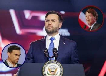 (Background) Vice President JD Vance speaks on the final day of Turning Point USA