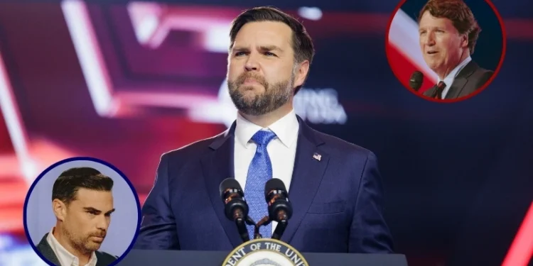 (Background) Vice President JD Vance speaks on the final day of Turning Point USA