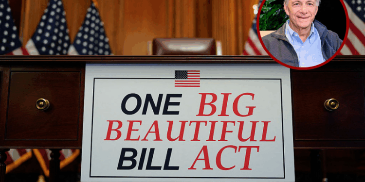 (R)Ray Dalio is interviewed by host Nicole Lapin on the "Money Rehab" podcast on May 15, 2025 in New York City. (Photo by Roy Rochlin/Getty Images for Nicole Lapin) / (Background) A sign that reads "One Big Beautiful Bill Act" is seen by a desk after the the House of Representatives passed the US President Donald Trump