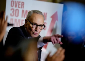 WASHINGTON, DC - DECEMBER 2: Senate Minority Leader Chuck Schumer (D-NY) takes a question from a reporter following a Democratic policy luncheon at the U.S. Capitol Building on December 2, 2025, in Washington, DC. Schumer focused his remarks on healthcare and took questions on boat strikes by the U.S. military in the Caribbean, security for elected officials, upcoming elections in the Senate and other topics. (Photo by Andrew Harnik/Getty Images)