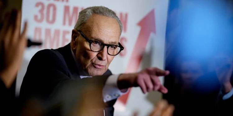 WASHINGTON, DC - DECEMBER 2: Senate Minority Leader Chuck Schumer (D-NY) takes a question from a reporter following a Democratic policy luncheon at the U.S. Capitol Building on December 2, 2025, in Washington, DC. Schumer focused his remarks on healthcare and took questions on boat strikes by the U.S. military in the Caribbean, security for elected officials, upcoming elections in the Senate and other topics. (Photo by Andrew Harnik/Getty Images)