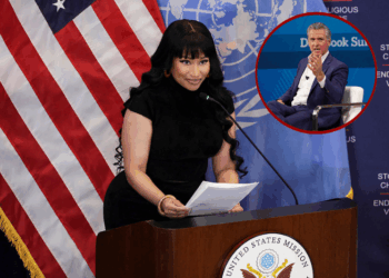 (L) Governor of California Gavin Newsom speak onstage during The New York Times DealBook Summit 2025 at Jazz at Lincoln Center in New York City. (Photo by David Dee Delgado/Getty Images for The New York Times)/ (Background) Trinidadian-US rapper Nicki Minaj speaks during the panel discussion "Combatting Religious Violence and the Killing of Christians in Nigeria" at the US Mission to the United Nations in New York City. (Photo by ANGELA WEISS / AFP) (Photo by ANGELA WEISS/AFP via Getty Images)