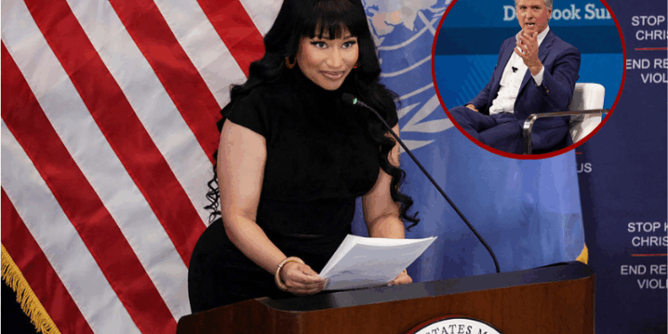 (L) Governor of California Gavin Newsom speak onstage during The New York Times DealBook Summit 2025 at Jazz at Lincoln Center in New York City. (Photo by David Dee Delgado/Getty Images for The New York Times)/ (Background) Trinidadian-US rapper Nicki Minaj speaks during the panel discussion "Combatting Religious Violence and the Killing of Christians in Nigeria" at the US Mission to the United Nations in New York City. (Photo by ANGELA WEISS / AFP) (Photo by ANGELA WEISS/AFP via Getty Images)