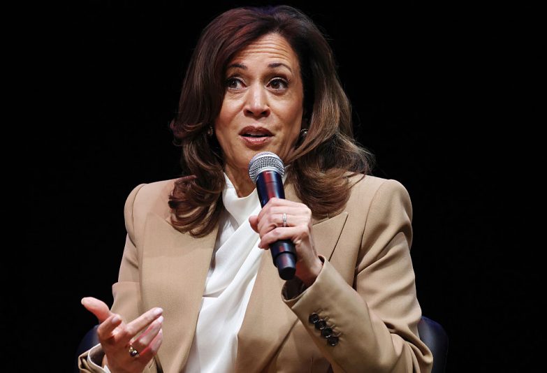Former Vice President Kamala Harris speaks at the Wiltern Theatre on September 29, 2025 in Los Angeles, California. Harris is in the midst of a 15-city book tour following the release of her new book “107 Days,” recounting her presidential campaign against President Donald Trump. (Photo by Mario Tama/Getty Images)