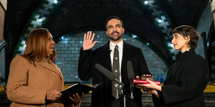 NEW YORK, NEW YORK - JANUARY 1: Zohran Mamdani is sworn in as New York City