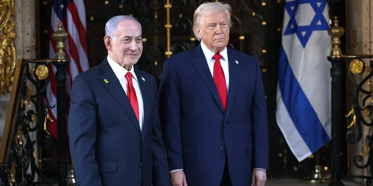 PALM BEACH, FLORIDA - DECEMBER 29: U.S. President Donald Trump welcomes Israeli Prime Minister Benjamin Netanyahu to his Mar-a-Lago club on December 29, 2025 in Palm Beach, Florida. The two leaders are scheduled to hold a bilateral meeting to discuss regional security in the Middle East as well as the U.S.-Israel partnership. (Photo by Joe Raedle/Getty Images)