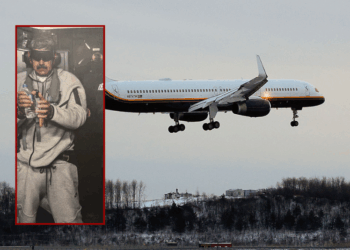 A Department of Justice aircraft arrives with Venezuelan leader Nicolás Maduro and his wife, Cilia Flores at Stewart Air National Guard Base on January 3, 2026 in Newburgh, NY, New York. President Trump confirmed in a news conference that the U.S. military carried out a large-scale strike in Caracas overnight resulting in their capture. (Photo by Kena Betancur/Getty Images) / (L) Nicolas Maduro on board the USS Iwo Jima (via President Donald Trump; Truth Social)