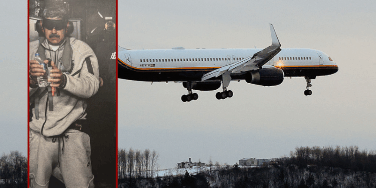 A Department of Justice aircraft arrives with Venezuelan leader Nicolás Maduro and his wife, Cilia Flores at Stewart Air National Guard Base on January 3, 2026 in Newburgh, NY, New York. President Trump confirmed in a news conference that the U.S. military carried out a large-scale strike in Caracas overnight resulting in their capture. (Photo by Kena Betancur/Getty Images) / (L) Nicolas Maduro on board the USS Iwo Jima (via President Donald Trump; Truth Social)