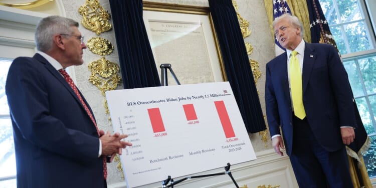 President Donald Trump discusses economic data with Stephen Moore in the Oval Office on Aug. 7, 2025, in Washington, D.C.