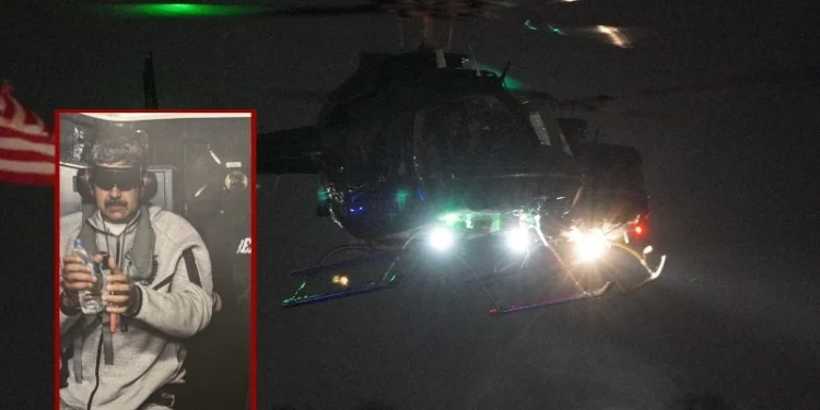 (Background) A helicopter carrying Venezuelan leader Nicolas Maduro arrives in Manhattan on January 03, 2026 in New York City. (Ryan Murphy/Getty Images) / (L) Image of captured Venezuela leader Nicolas Maduro via President Donald Trump on Truth Social