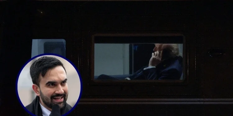 (Background) U.S. President Donald Trump talks on the phone as he waits onboard Marine One to depart the Leesburg Executive Airport (Chip Somodevilla/Getty Images) / (L) Mayor Zohran Mamdani holds a press conference at Grand Army Plaza in New York City, New York, United States on January 2, 2026. (Jason Alpert-Wisnia / Hans Lucas / AFP via Getty Images)