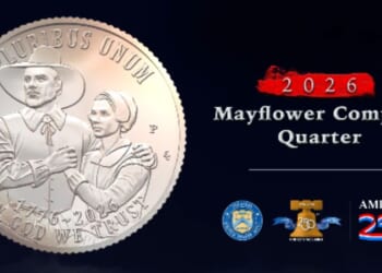 The Mayflower Compact Quarter, which entered into circulation on Jan. 5, 2026, features on the front side two Pilgrims, a man and a woman, under a banner that reads "E Pluribus Unum."
