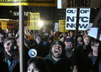 People take part in a protest against Immigration and Customs Enforcement in New York on Jan. 7, 2026, after an ICE officer fatally shot a woman in Minneapolis.