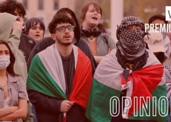Pro-Palestinian demonstrators gather at the University of Michigan campus in Ann Arbor, Michigan, on April 21, 2025. No such protests have broken out in support of Iranians, despite thousands of civilians reported killed by their government.