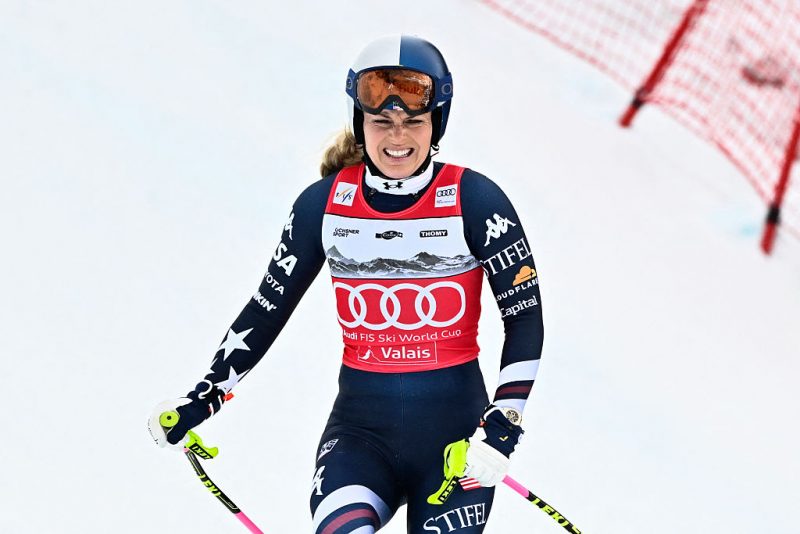 TOPSHOT - US' Lindsey Vonn reacts after crashing as she competes in the women's downhill race part of the FIS Alpine Ski World Cup 2025-2026, in Crans Montana, Switzerland, on January 30, 2026. (Photo by Fabrice COFFRINI / AFP via Getty Images)