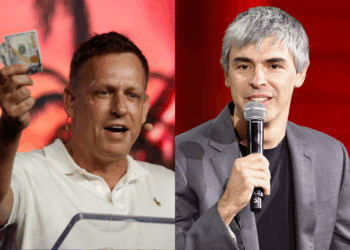 (L) Peter Thiel, co-founder of PayPal, Palantir Technologies, and Founders Fund, holds hundred dollar bills as he speaks during the Bitcoin 2022 Conference at Miami Beach Convention Center on April 7, 2022 in Miami, Florida. The worlds largest bitcoin conference runs from April 6-9, expecting over 30,000 people in attendance and over 7 million live stream viewers worldwide.(Photo by Marco Bello/Getty Images) / (R) Larry Page speaks during the Fortune Global Forum at the Legion Of Honor on November 2, 2015 in San Francisco, California. (Photo by Kimberly White/Getty Images for Fortune)