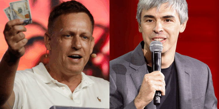 (L) Peter Thiel, co-founder of PayPal, Palantir Technologies, and Founders Fund, holds hundred dollar bills as he speaks during the Bitcoin 2022 Conference at Miami Beach Convention Center on April 7, 2022 in Miami, Florida. The worlds largest bitcoin conference runs from April 6-9, expecting over 30,000 people in attendance and over 7 million live stream viewers worldwide.(Photo by Marco Bello/Getty Images) / (R) Larry Page speaks during the Fortune Global Forum at the Legion Of Honor on November 2, 2015 in San Francisco, California. (Photo by Kimberly White/Getty Images for Fortune)