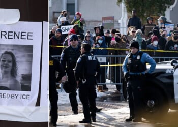 Posters, left, depict Renee Good as an innocent martyr, as crowds, right, confront Minneapolis Police officers holding a perimeter after Good's fatal shooting Wednesday by an ICE agent during federal law enforcement operations in Minneapolis, Minnesota. New video shows Good and her lesbian partner aggressively taunting officers shortly before she was shot while steering her car at a federal agent.